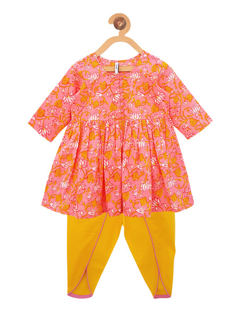 

Campana Girls Pink & Yellow Printed Kurti with Dhoti Pants