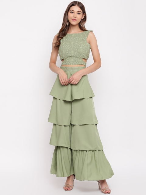 

Capybara Women Olive Green Embroidered Two-Piece Dress