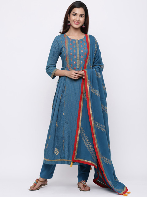 

Rain & Rainbow Women Teal Blue Printed Kurta with Trousers & Dupatta