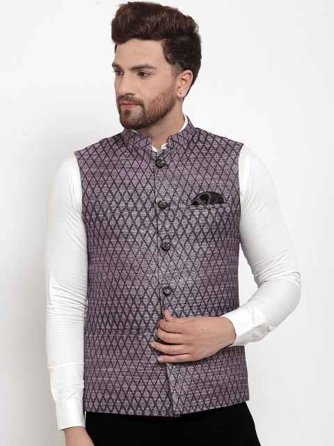 

MAXENCE Men Black & Lavendar Woven Design Nehru Jacket With Pocket Square, Lavender