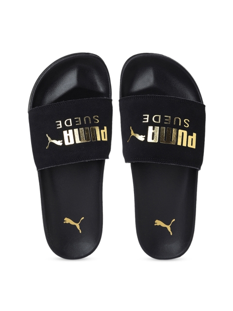 

Puma Unisex Black & Gold-Toned Printed Leadcat FTR Suede Classic Sliders