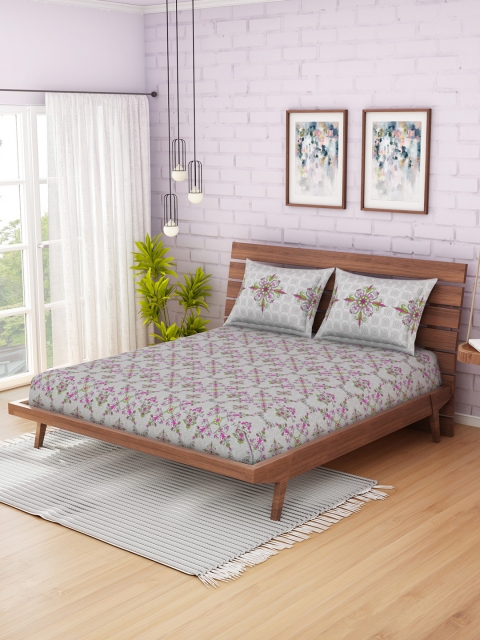 

CORE Designed by SPACES Grey & Pink Ethnic Motifs 210 TC Cotton 1 Queen Bedsheet with 2 Pillow Covers