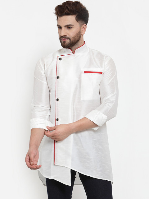 

Benstoke Men White Solid Straight Designer Silk Kurta