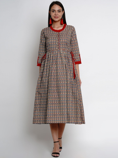 

Bhama Couture Women Beige & Maroon Printed Fit and Flare Ethnic Dress