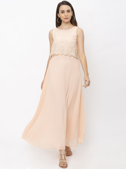 

Iti Women Peach-Coloured Floral Embroidered Layered Maxi Dress