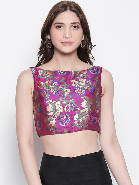 

Desi Weavess Women Violet & Green Woven Design Jacquard Saree Blouse