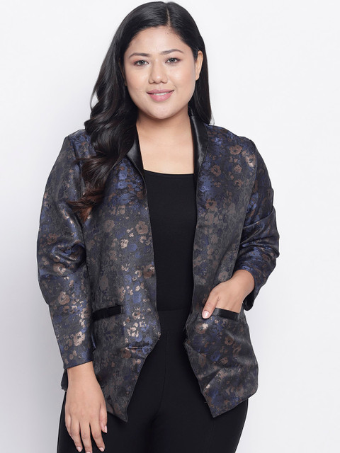 

Amydus Women Black Self Design Open Front Jacket
