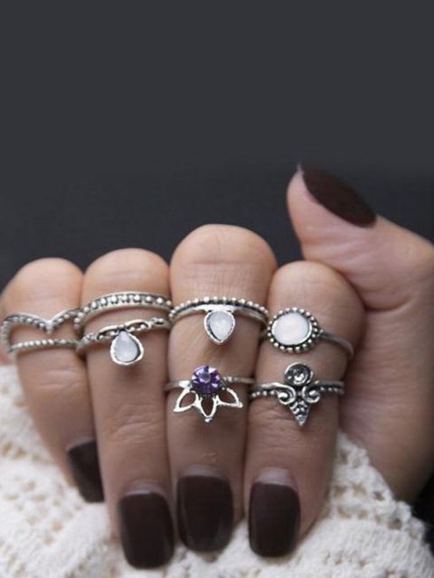 

Bellofox Set Of 8 Silver-Plated Oxidised Rhinestone-Studded Gypsy Finger Rings