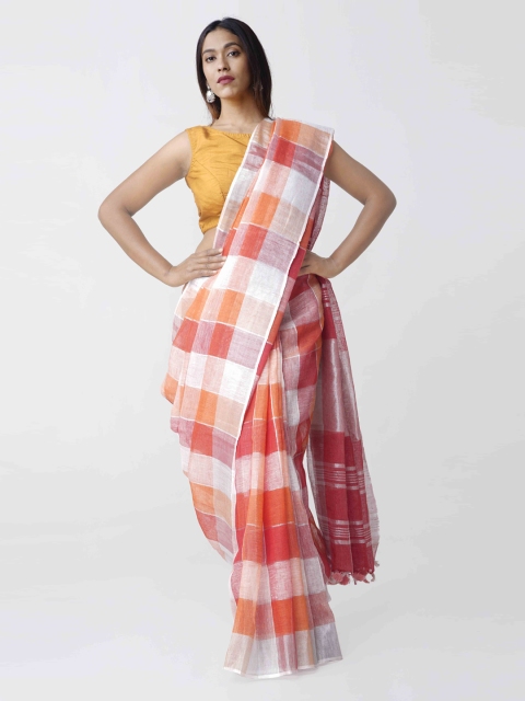 

Unnati Silks Pink & White Pure Linen Handloom Woven Design Saree