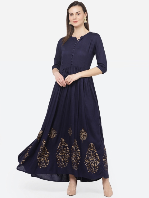 

aayusika Women Navy Blue & Gold Ethnic Print Maxi Dress