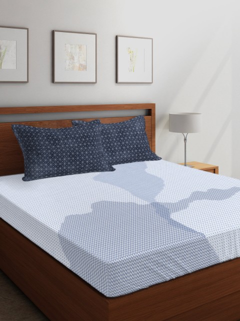 Boutique Living India Blue Geometric 210 TC Cotton 1 Queen Bedsheet with 2 Pillow Covers