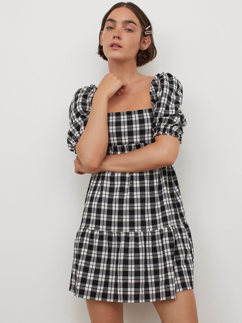 

H&M Women Black & Grey Checked A-Line Dress
