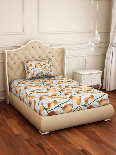 

CORE Designed by SPACES Orange & Grey Floral 104 TC Cotton 1 Single Bedsheet with 1 Pillow Covers