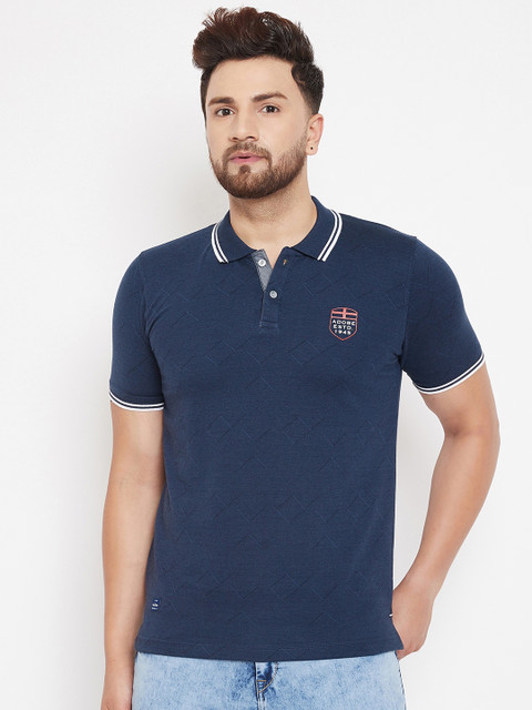

Adobe Men Navy Blue Self Design Polo Collar T-shirt