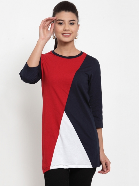 

Kalt Women Navy Blue & Red Colourblocked Round Neck Longline T-shirt