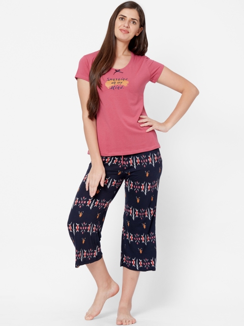 Juliet Women Pink & Navy Blue Printed Night Suit