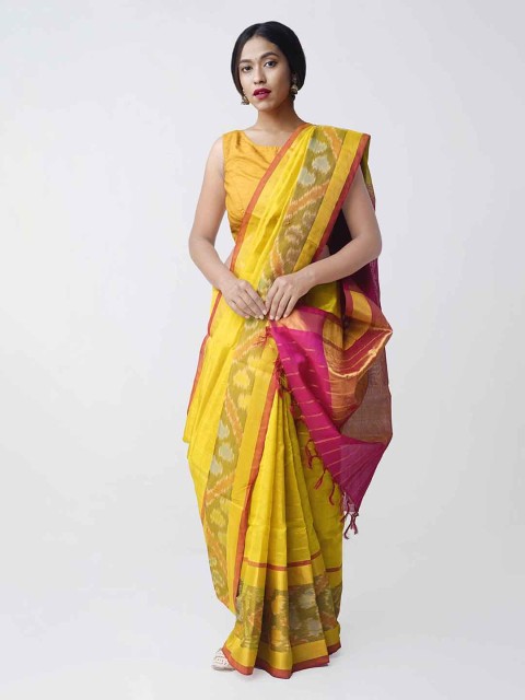 

Unnati Silks Yellow Silk Cotton Woven Design Kanjeevaram Saree