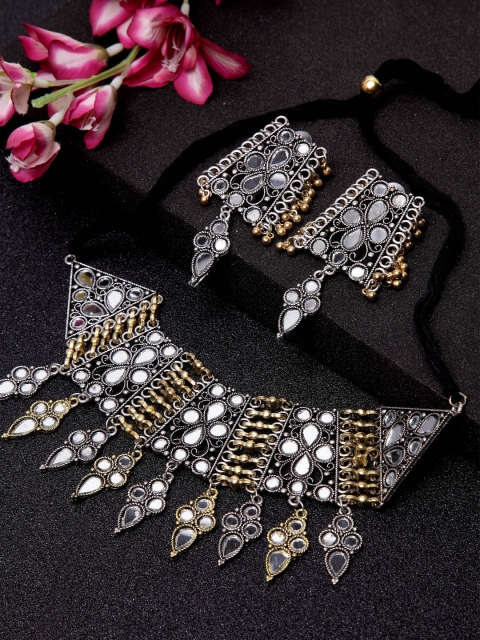 

Moedbuille Silver-Toned & Gold-Toned Mirror Studded Afghan Tribal Style Handcrafted Jewellery Set