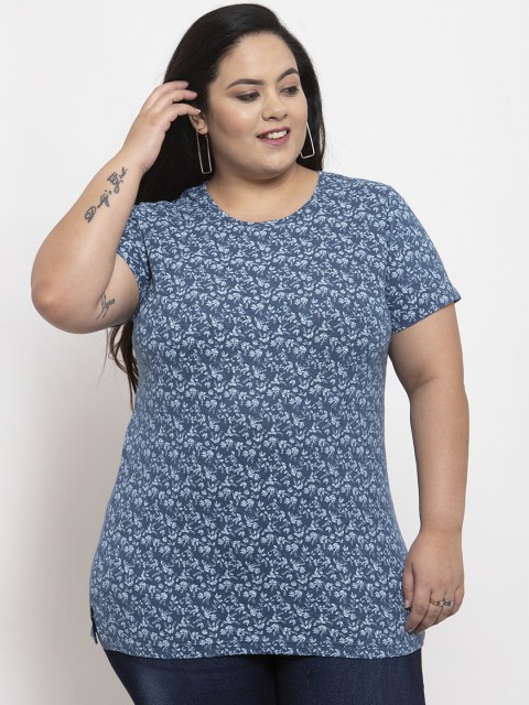 

plusS Women Blue & Off-White Floral Printed Round Neck T-shirt