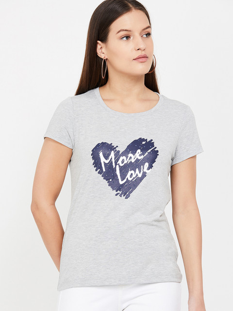 

Fame Forever by Lifestyle Women Grey Melange Printed Round Neck T-shirt