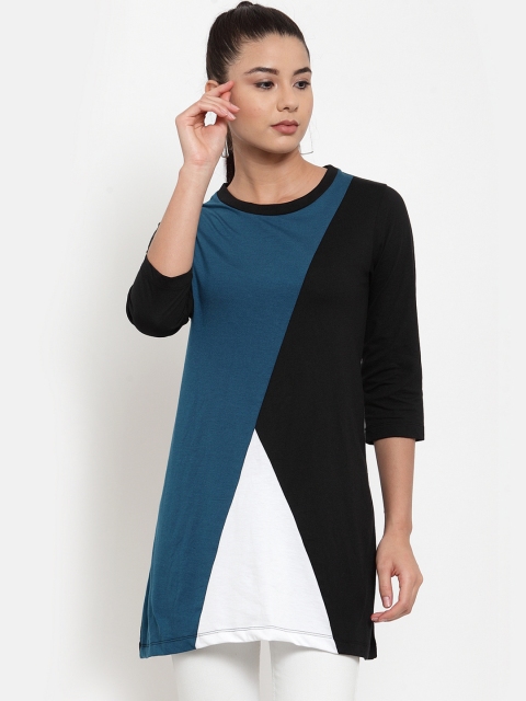 

Kalt Women Teal Blue & Black Colourblocked Round Neck Longline T-shirt