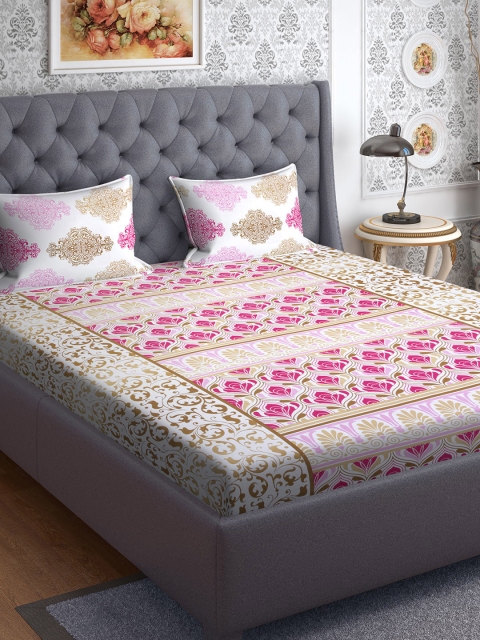 

CORE Designed by SPACES White & Pink Floral 144 TC Cotton 1 Queen Bedsheet with 2 Pillow Covers