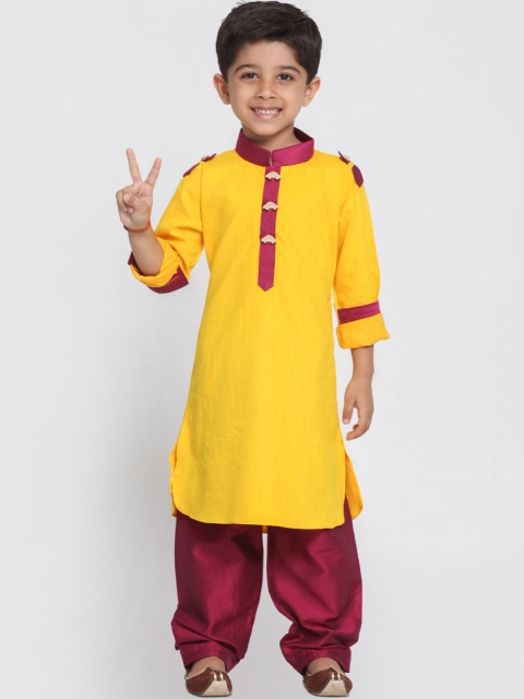 

JBN Creation Boys Yellow & Maroon Solid Pathani Kurta Set