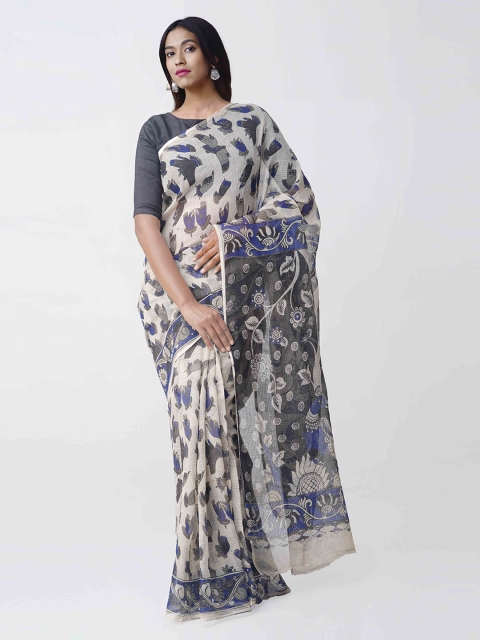 

Unnati Silks Cream-Coloured & Navy Blue Pure Cotton Printed Kota Saree