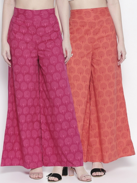 

Desi Weavess Women Pack Of 2 Orange & Pink Printed Flared Palazzos