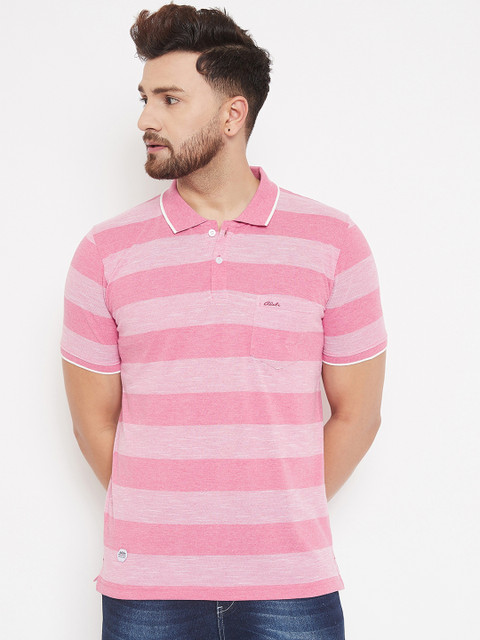 

Adobe Men Pink Striped Polo Collar T-shirt