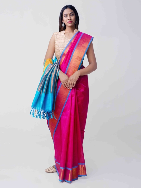 

Unnati Silks Pink & Blue Silk Cotton Woven Design Uppada Saree