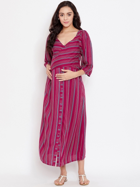 

The Kaftan Company Women Maroon Striped Maternity Maxi Dress