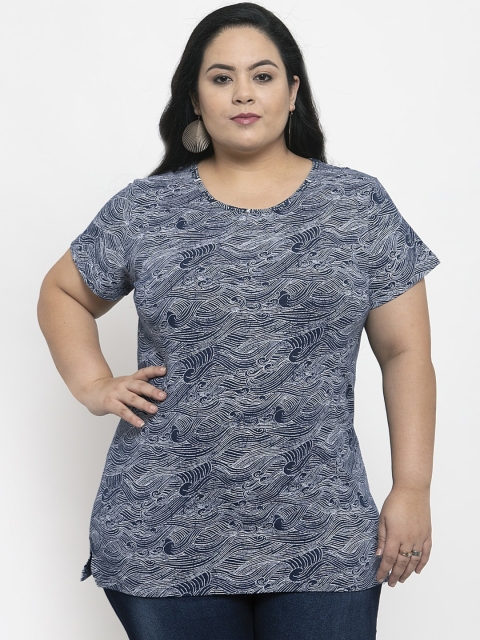 

plusS Women Navy Blue & White Printed Round Neck T-shirt