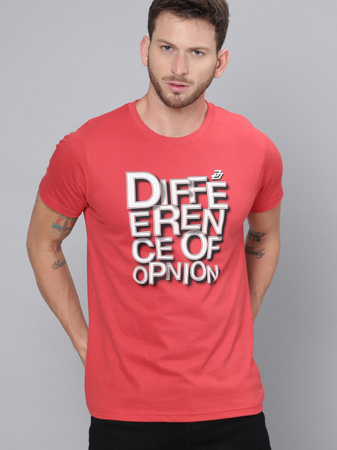 

Difference of Opinion Men Coral Red White Printed Round Neck Pure Cotton T-shirt