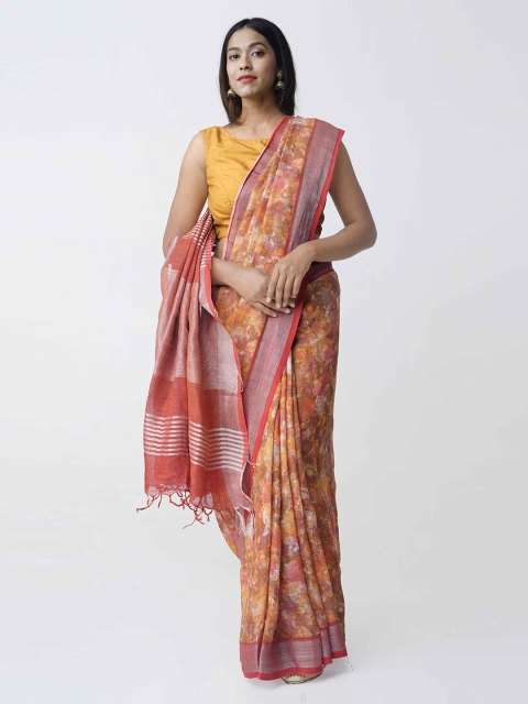

Unnati Silks Orange & White Pure Linen Printed Saree
