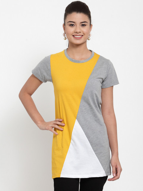 

Kalt Women Yellow & Grey Colourblocked Round Neck T-shirt