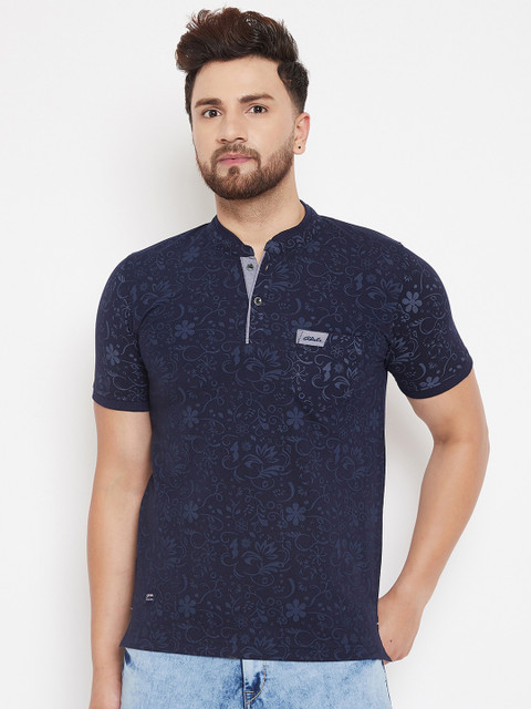 

Adobe Men Navy Blue Floral Print Mandarin Collar T-shirt