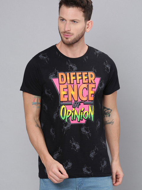 

Difference of Opinion Men Black Orange Printed Round Neck Pure Cotton T-shirt
