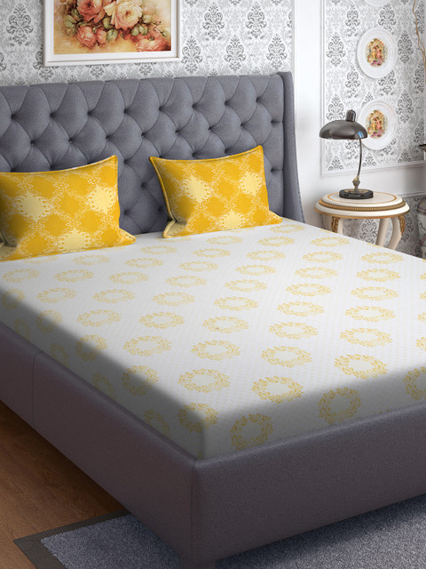 

CORE Designed by SPACES Yellow & White Floral 144 TC Cotton 1 Queen Bedsheet with 2 Pillow Covers