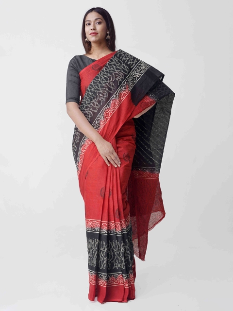 

Unnati Silks Red & Black Organza Hand-Block Printed Kota Saree