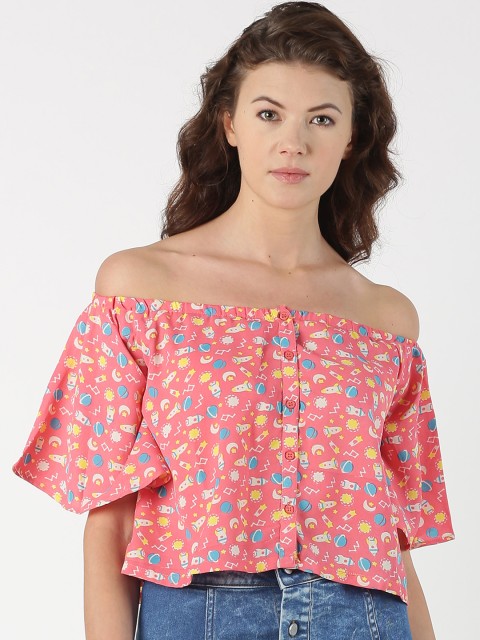 

Blue Saint Women Pink & Yellow Printed Bardot Top