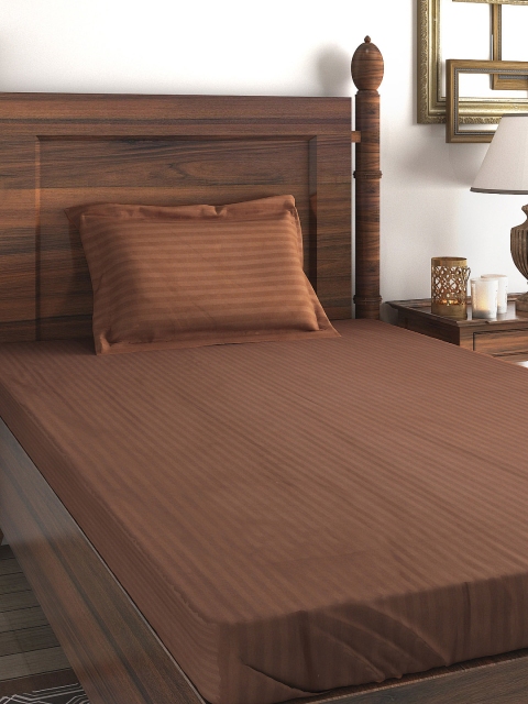 

URBAN SPACE Brown Striped 220 TC Cotton 1 Single Bedsheet with 1 Pillow Covers
