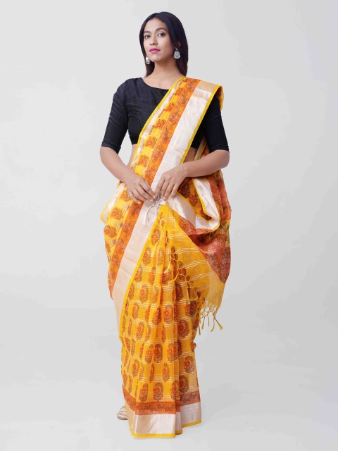 Unnati Silks Yellow & Orange Cotton Blend Block Print Kota Saree