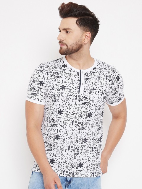 

Adobe Men White & Black Floral Printed Henley Neck T-shirt
