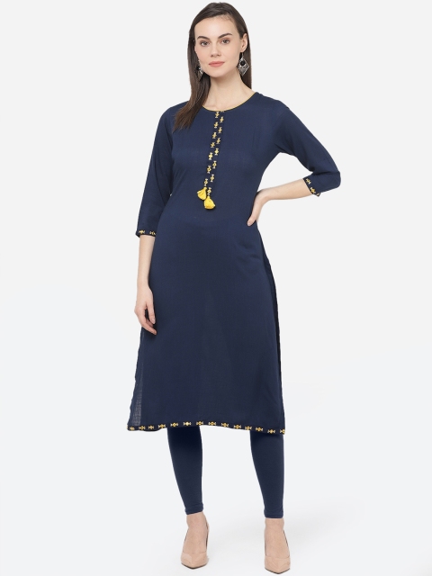 

aayusika Women Navy Blue & Yellow Yoke Design A-Line Kurta