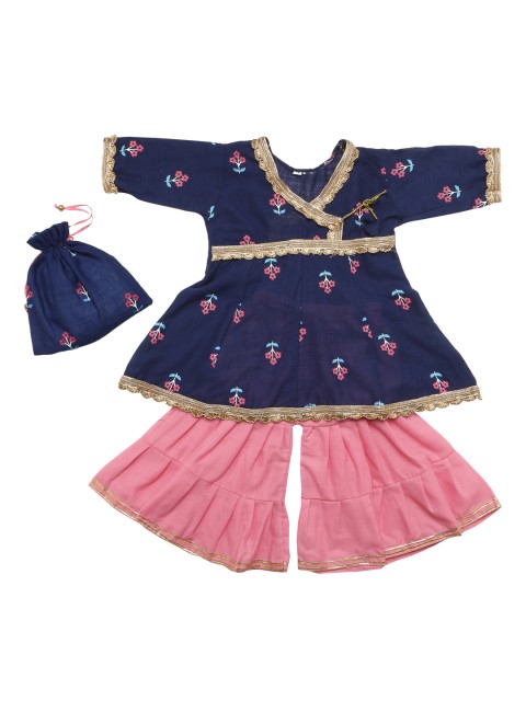 

YK Girls Navy Blue & Pink Floral Print Kurta with Sharara
