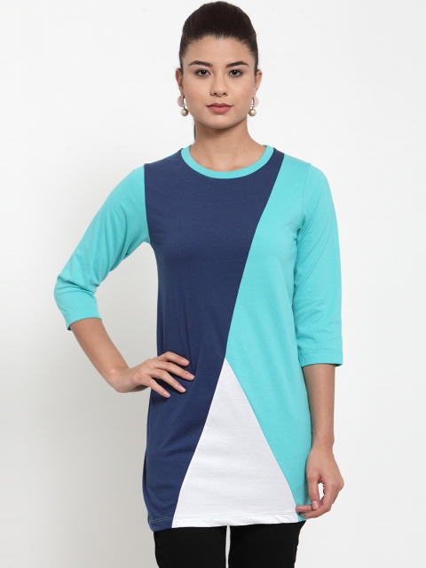 

Kalt Women Turquoise Blue & White Colourblocked Longline Round Neck T-shirt