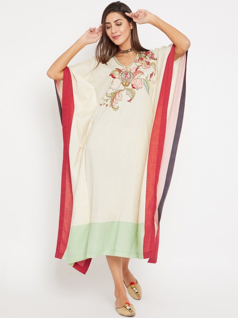 

The Kaftan Company Women Off-White Embroidered Colourblocked Embellished Kaftan Dress