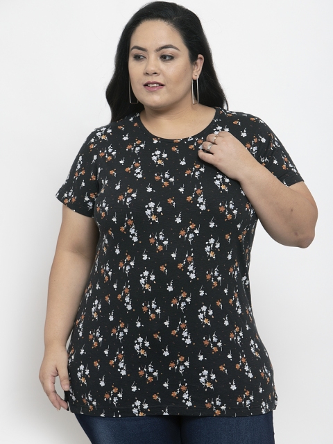 

plusS Women Black & Off-White Floral Printed Round Neck T-shirt