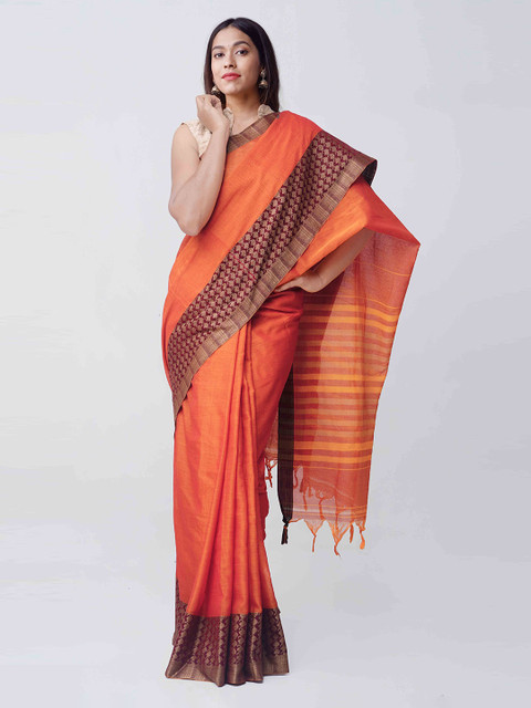 

Unnati Silks Orange & Brown Pure Cotton Solid Narayan Peth Saree